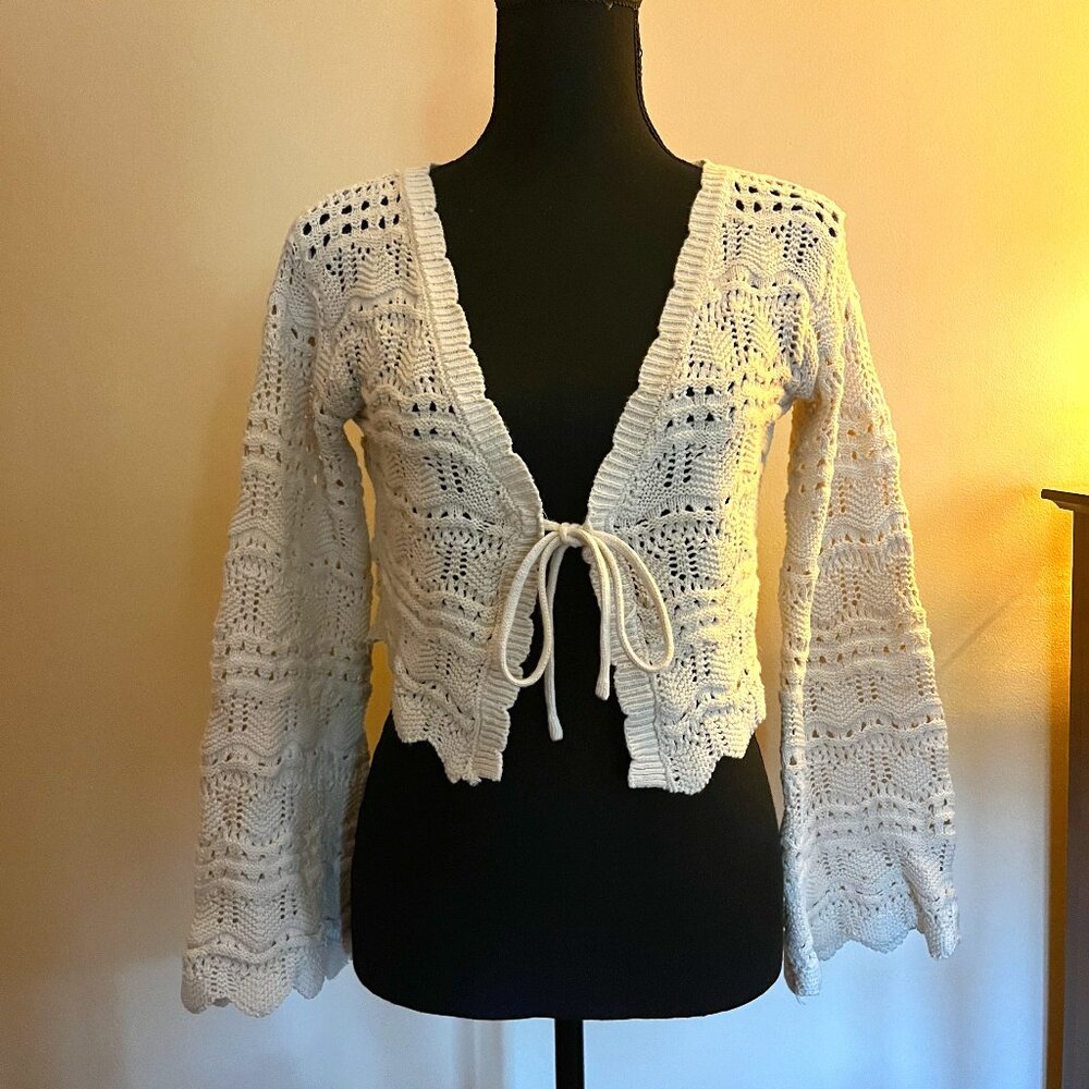 Crochet Cropped Sweater with Bell Sleeves with Tie-Front